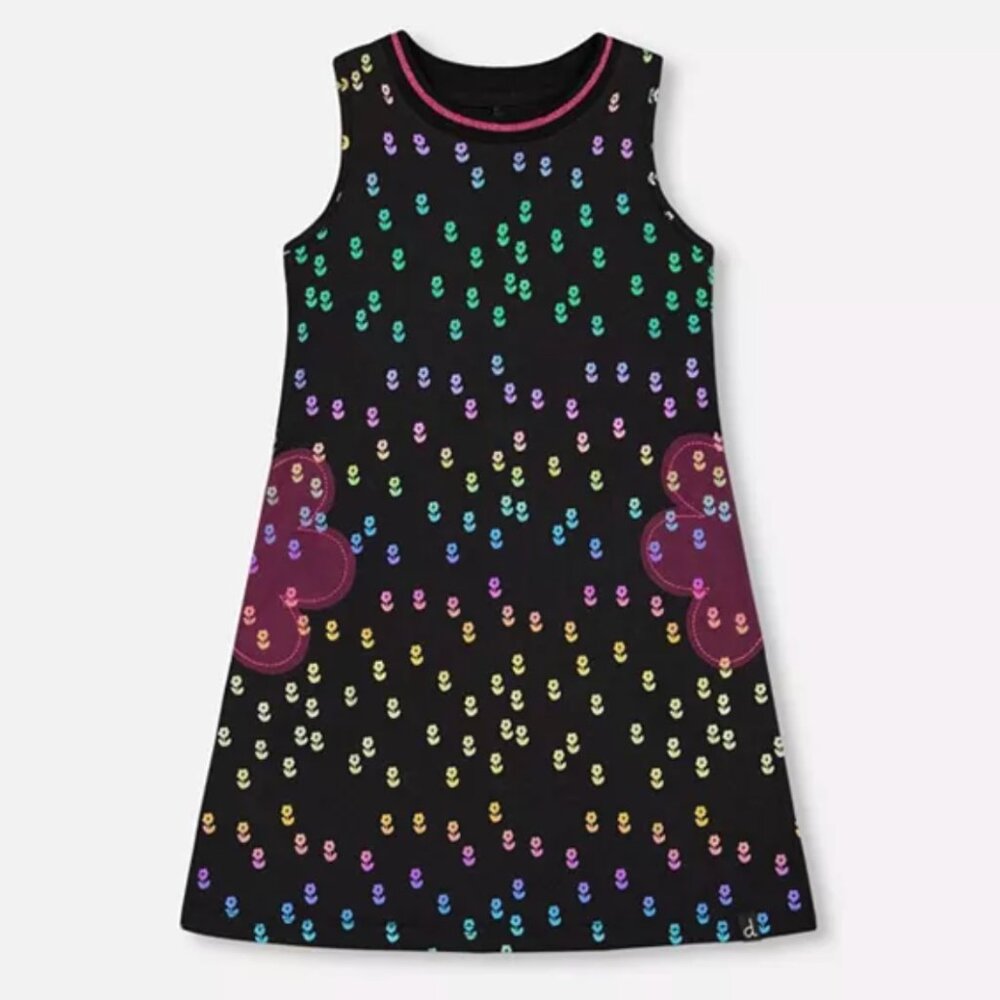 Deux Par Deux Black Printed Dress With Mesh Flower Pockets Size 6